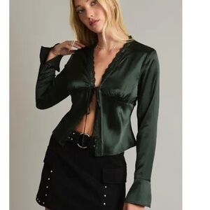 Le Lis Emerald Satin Tie-Front Long Sleeve Blouse
